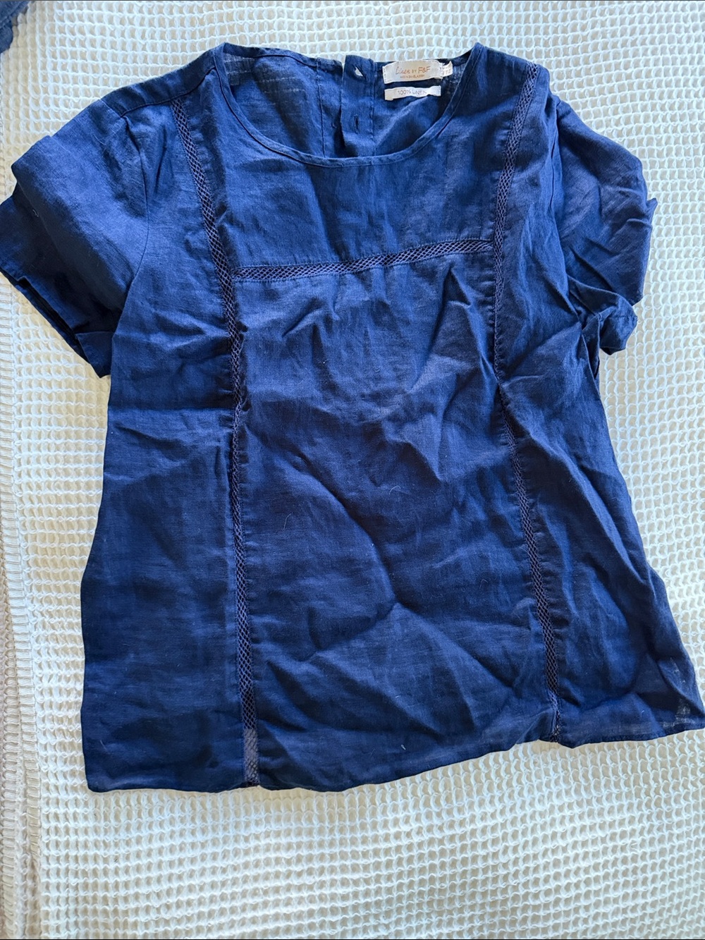 F&F Navy Short-Sleeve Linen Top with Braided Trim